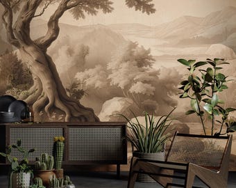 Neutral Forest Wallpaper: Sepia Landscape Peel and Stick Wall Mural