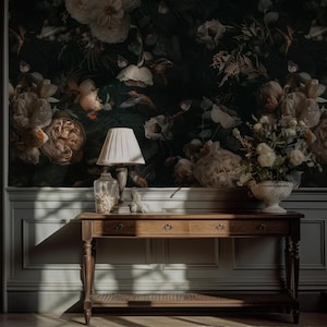 Vintage Peony Wallpaper Mural: Dark Green Botanical Peel & Stick