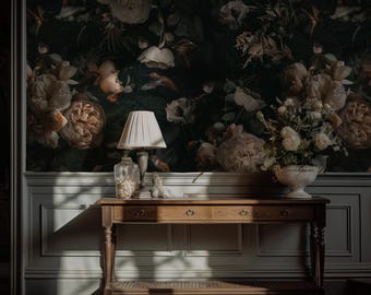 Vintage Floral Wall Mural, Peony Wallpaper, Botanical Wallpaper, Dark Green Wallpaper, Large Floral Peel & Stick Wallpaper, Bold Wall Decor