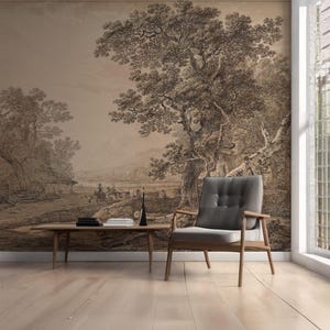 Vintage Countryside Wallpaper, Beige Pastoral Landscape Peel & Stick Wall Mural, Vintage Home Decor, Removable Wallpaper, Landscape Wall Art