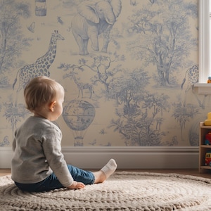 Blauw en wit safaritoile-behang, kinderkamerbehang, dierenpatroon, elegante jungle en dierenmuurschildering, tropische muursticker