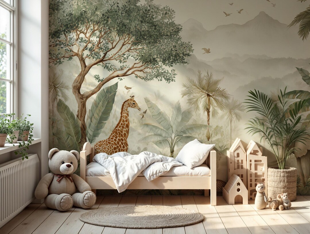 Safari Jungle Wallpaper Mural – Tropical Animals Peel and Stick Wall ...