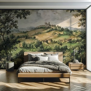 Tuscan Countryside Wallpaper Mural, Vintage European Landscape Wall Art with Castle & Hills in Olive Green Tones, Custom Sized Wall Mural