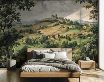 Tuscan Countryside Wallpaper Mural: Vintage European Landscape