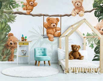 Mural de osito de peluche para habitación infantil, decoración para habitación infantil, papel pintado autoadhesivo de tamaño personalizado