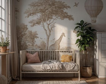 Bruine en ivoorkleurige Safari Toile Peel-and-Stick behangmuurschildering - aangepast formaat