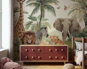 Safari Kinderzimmer abziehen und aufkleben Tapete: Dschungeltiere Wandbild