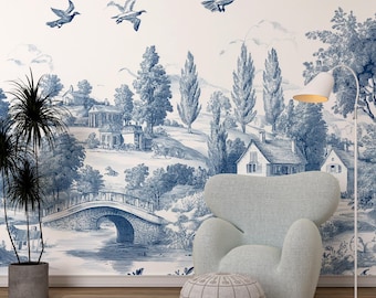 Blue Toile de Jouy Wallpaper: Vintage French Countryside Peel & Stick Mural