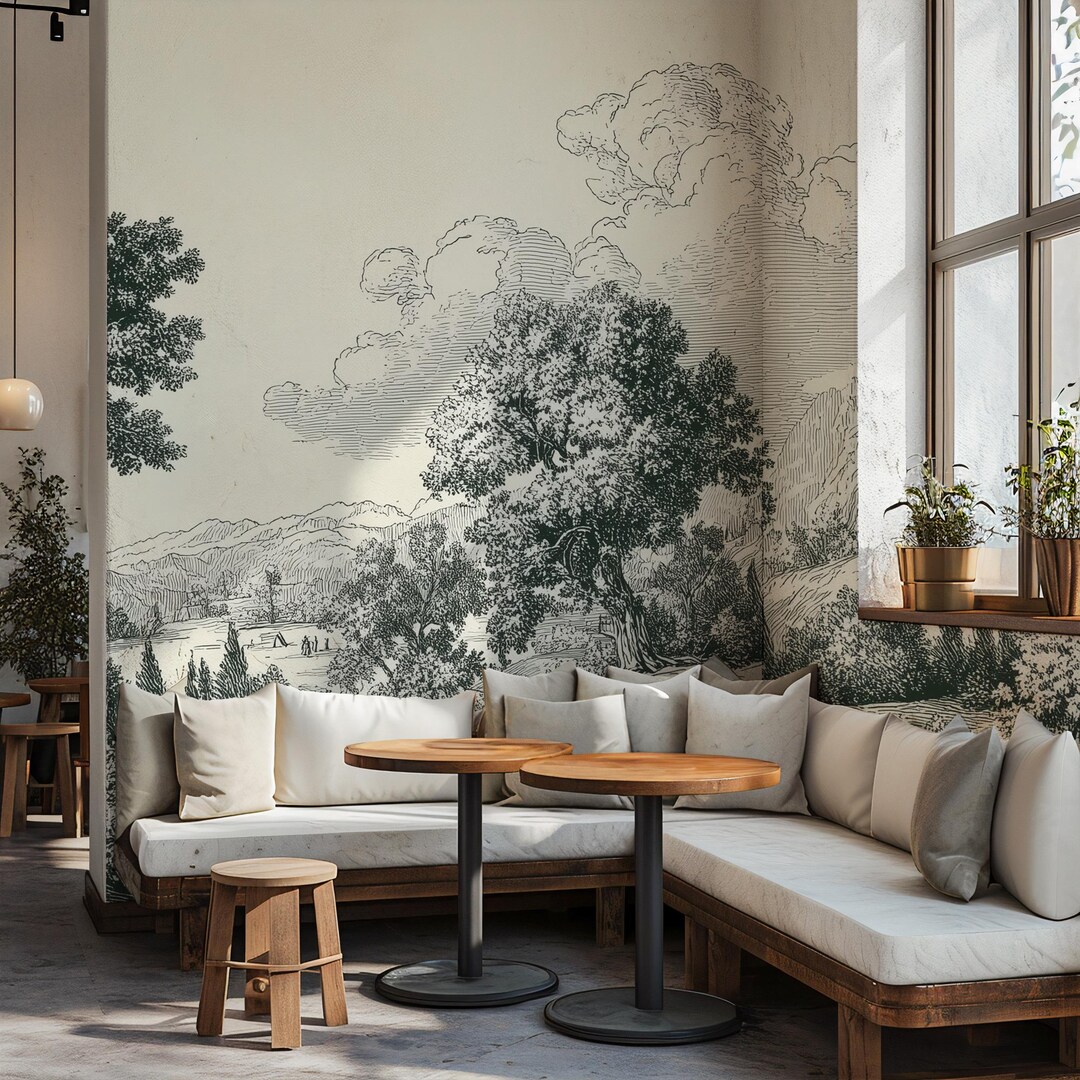 Vintage Pastoral Landscape Wallpaper, Gray Countryside Peel and Stick ...