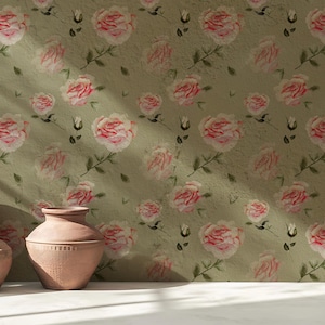 Vintage Floral Wallpaper, Watercolor Pink Roses on Olive Green, Romantic Cottagecore Wall Decor, Pink Floral Wall, Peel and Stick Wallpaper