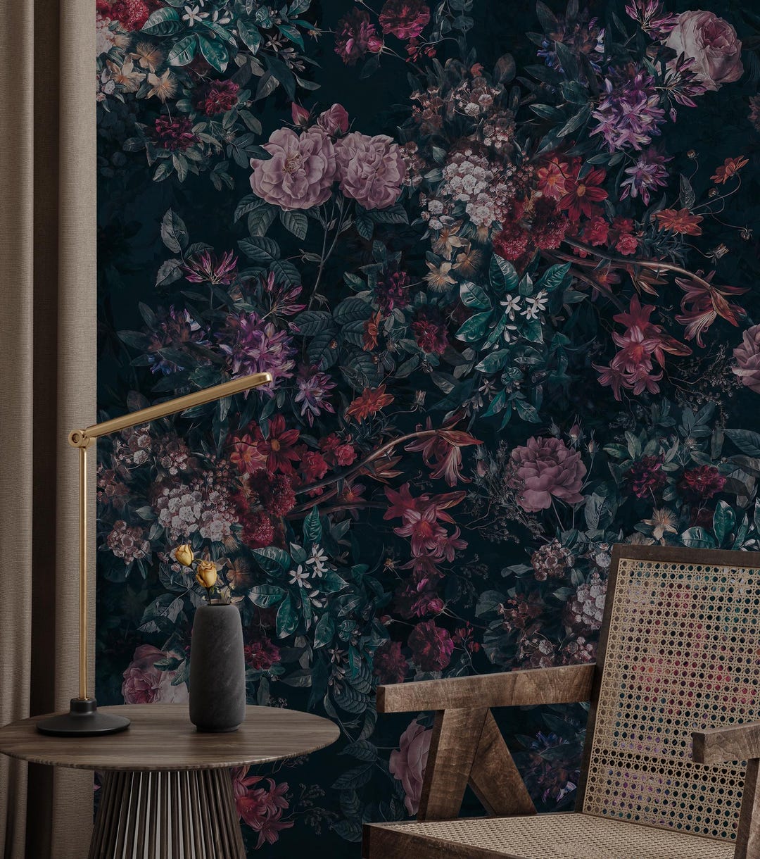 Dark Moody Floral Wallpaper, Peel and Stick Wall Mural, Vintage Blooms