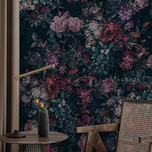Dark Moody Floral Wallpaper, Peel and Stick Wall Mural, Vintage Blooms Wallpaper, Romantic Cottagecore Decor, Bold Statement Wall Mural