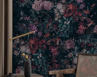 Dark Moody Floral Wallpaper, Peel and Stick Wall Mural, Vintage Blooms Wallpaper, Romantic Cottagecore Decor, Bold Statement Wall Mural