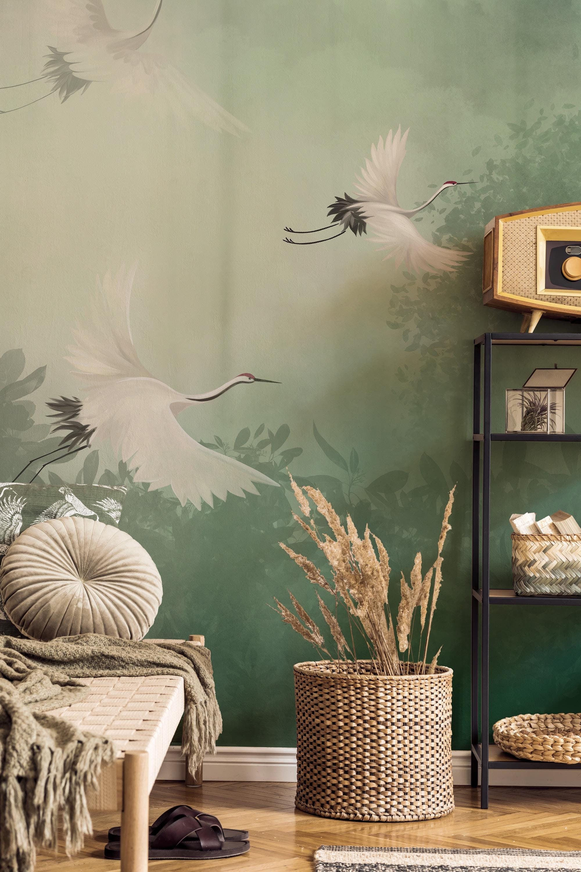 Crane Birds Peel and Stick Wallpaper: Vintage Wall Mural