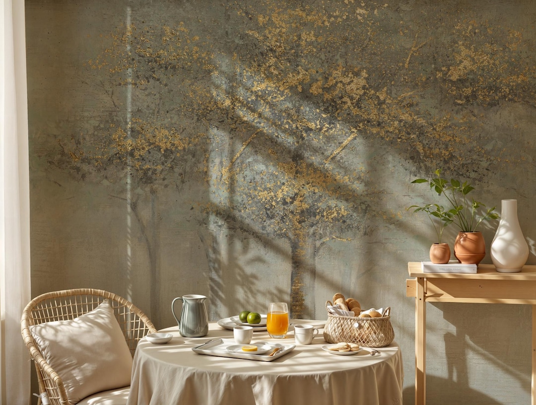 Gold Tree Landscape Wallpaper: Luxe Neutral Forest Wall Mural, Peel