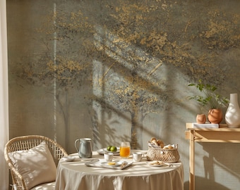 Gold Tree Landscape Wallpaper: Luxe Neutral Forest Wall Mural, Peel & Stick