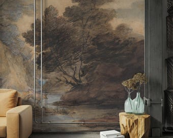 Dark Gothic Landscape Wallpaper Mural: Moody Vintage Wall Art, Peel and Stick