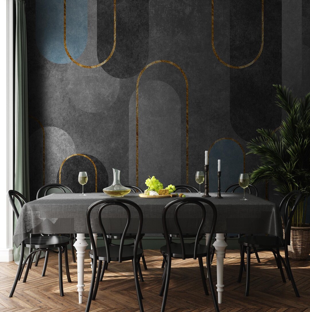 Gold Geometric Wallpaper, Blue Gray and Gold Arch Design, Luxe Peel and ...
