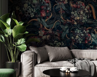 Dark Skull Floral Wallpaper: Dark Cottagecore Wall Mural