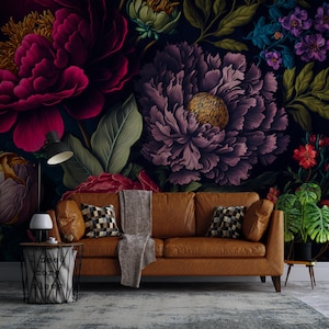 Grande murale floreale con peonie scure, carta da parati staccabile e adesiva, murale floreale scuro, grande carta da parati floreale, decorazione murale audace, carta da parati boho