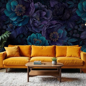 Deep Teal & Purple Floral Wallpaper: Dark Moody Botanical Peel and Stick Wall Mural