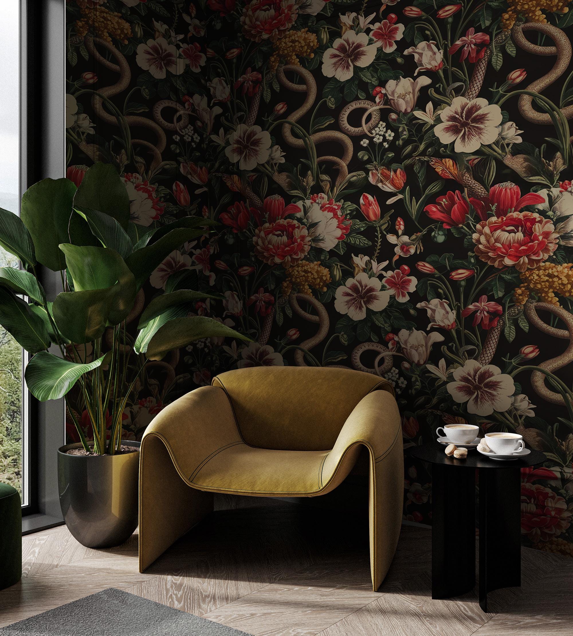 Dark Floral Snake Wallpaper, Peel and Stick Wallpaper, Dark Vintage Botanical Mural for Bedroom, Living Room or Accent Wall Art