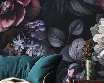 Moody Floral Peel and Stick Bold Wallpaper, Statement Wall Mural, Dark Cottagecore Deco