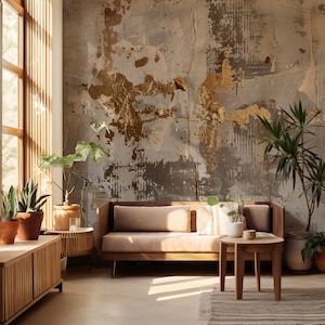 Carta da parati murale moderna astratta in oro, texture di cemento industriale con dettagli metallici, carta da parati di lusso in cemento dorato, decorazione da parete in stile loft urbano