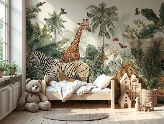 Safari Nursery Wallpaper: Peel and Stick Jungle Animals Wall Mural