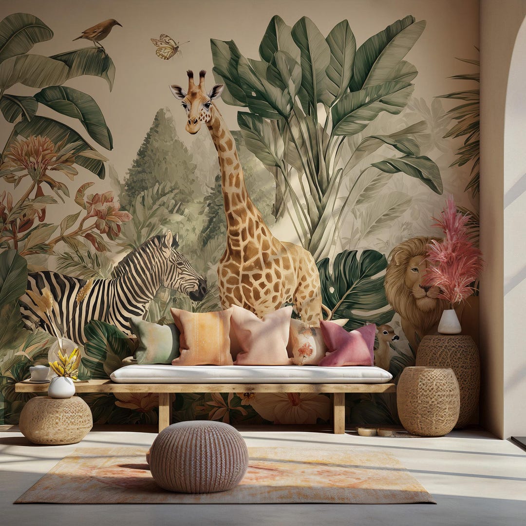 Jungle Safari Wall Mural: Tropical Animals Peel and Stick Wallpaper - Etsy
