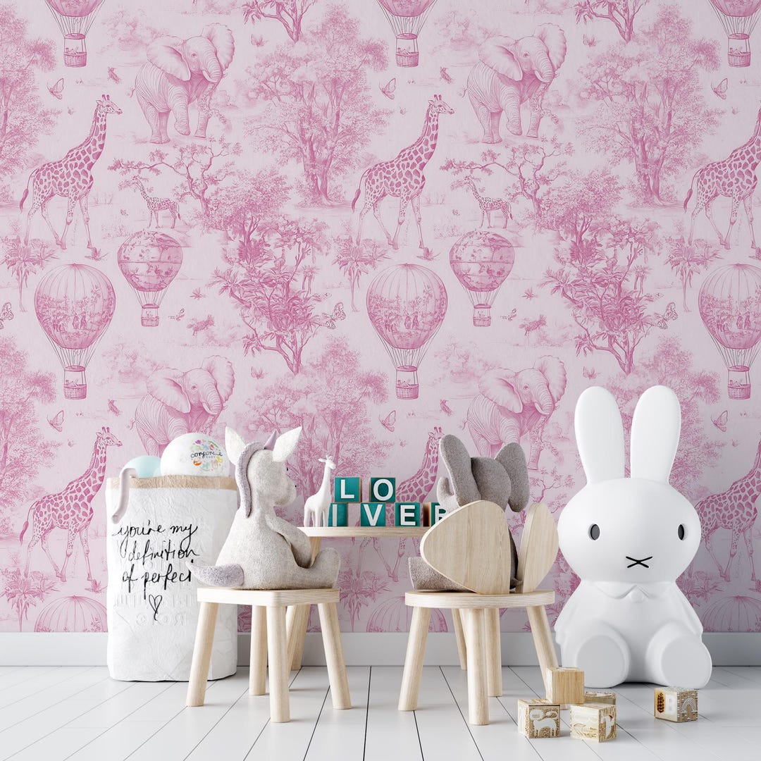 Pink Safari Nursery Wallpaper: Jungle Animals Peel and Stick Mural - Etsy