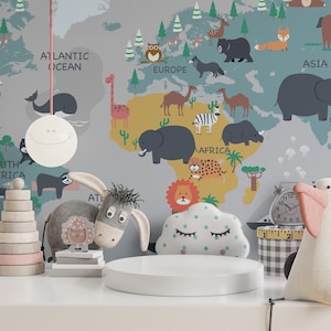 Niedliche Weltkarte Kinder Tapete, Babyzimmer Tapete, Tiere Schälen und Aufkleben Wandbild, Kinderzimmer Dekor Karte Tapete