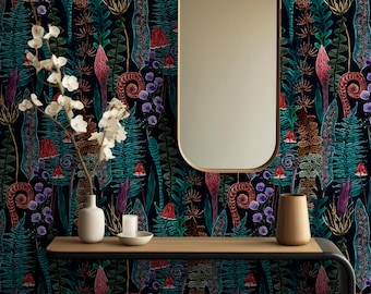 Mushroom Fern Wallpaper Mural: Dark Botanical Peel and Stick Wallpaper
