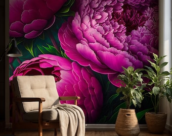 May include: A vibrant interior scene featuring a large floral mural in shades of magenta and pink. A beige armchair with a matching throw blanket sits in front of the mural. Potted plants in woven baskets and a floor lamp complete the room's decor.