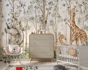 Papel pintado de animales del bosque tropical: Mural de pared autoadhesivo para habitación de bebé