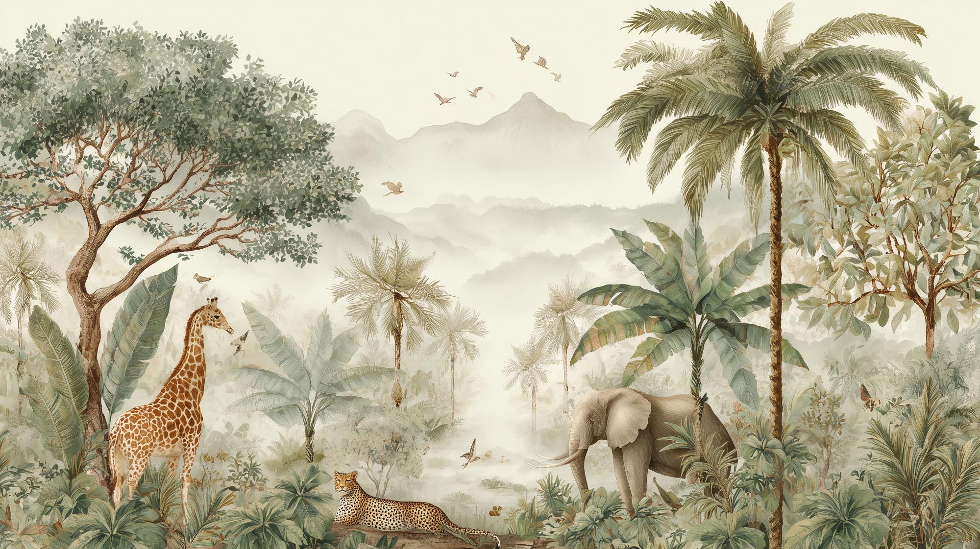 Safari Jungle Wallpaper Mural – Tropical Animals Peel and Stick Wall ...