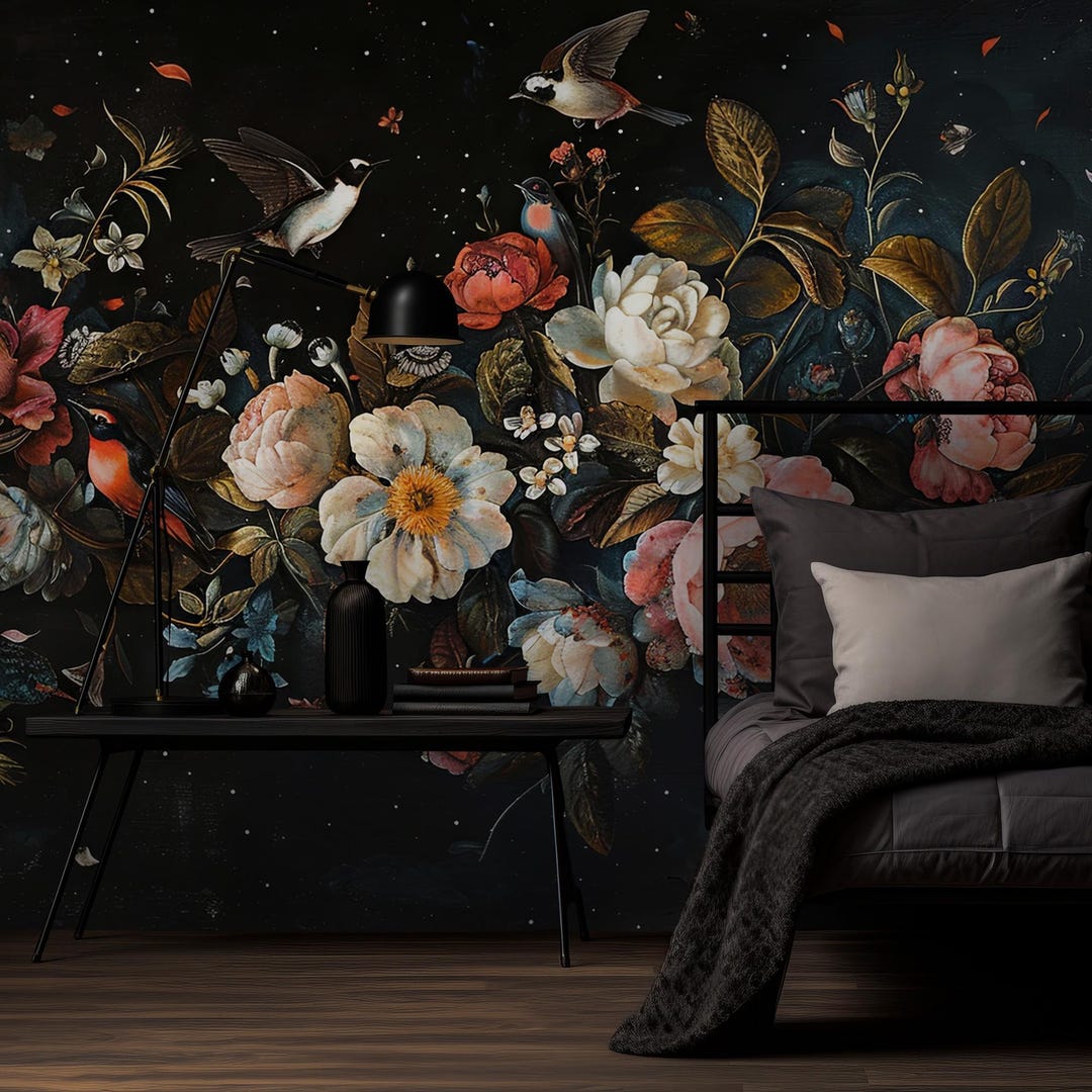 Dark Floral Peony Wallpaper Mural: Botanical Peel and Stick - Etsy