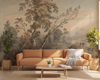 Pastoral Landscape Peel & Stick Wall Mural: Vintage Countryside Scene