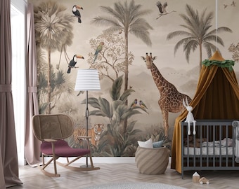 Vintage Safari Dschungel Tiere Tapete: Tropisches Wandbild zum Abziehen und Aufkleben