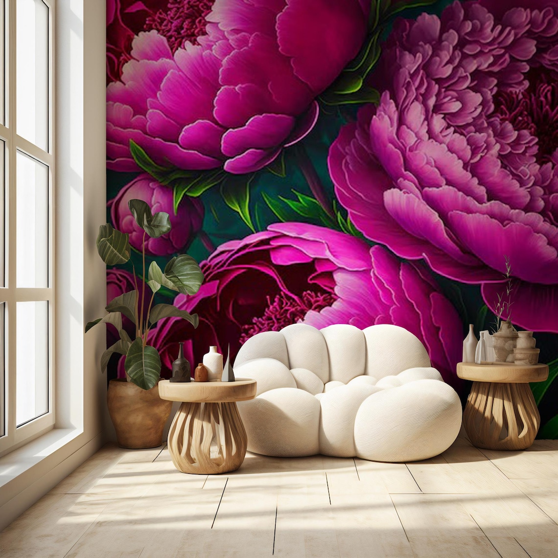Dark Peony Floral Wallpaper, Big Pink Rose Wall Mural, Peel & Stick ...