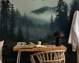 Misty Forest Peel and Stick Wallpaper, Dark Woodland Wall Mural, Nature Landscape Removable Wallpaper