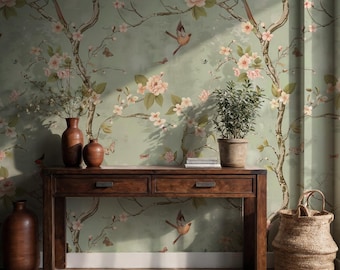 Papel pintado vintage chinoiserie con flores de pájaros: mural autoadhesivo con diseño de flores verde salvia