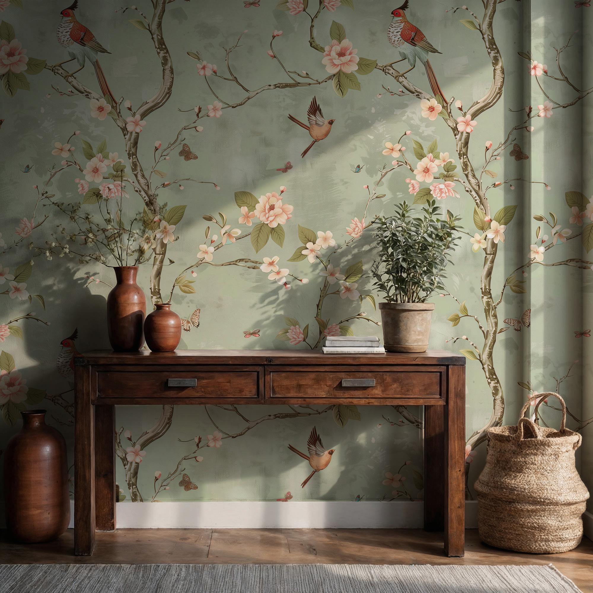 Vintage Chinoiserie Bird Floral Wallpaper: Sage Green Blossom Peel and ...