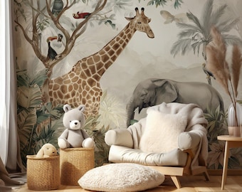 Carta da parati murale per cameretta dei bambini con tema "Safari nella giungla" - Animali tropicali da staccare e attaccare