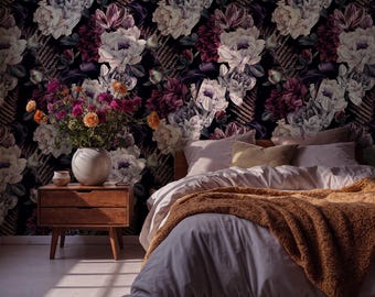 Elegant Burgundy Peony Wallpaper: Vintage Dark Floral Peel and Stick Wall Mural