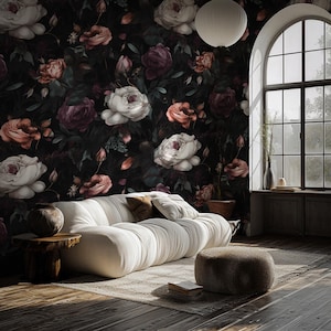 Dark Floral Wallpaper: Vintage Blooms, Peel and Stick Wall Mural
