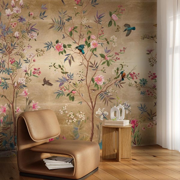 Mural dorado de lujo con pájaros y flores de colores: Papel pintado chinoiserie natural, autoadhesivo