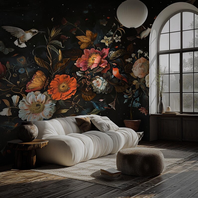 Dark Floral Peony Wallpaper Mural: Botanical Peel and Stick - Etsy