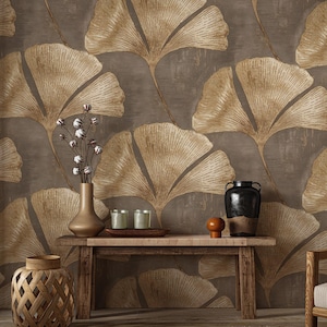 Ginkgo Leaf Wallpaper, Bronze Japanese Wall Mural, Luxe Peel and Stick Wallpaper, Glam Home Wall Decor, Ginkgo Leaves, Dark Flower Wallpaper