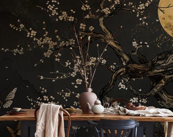 Japanese Plum Blossom Wallpaper Mural: Dark Floral Tree Art with Gold